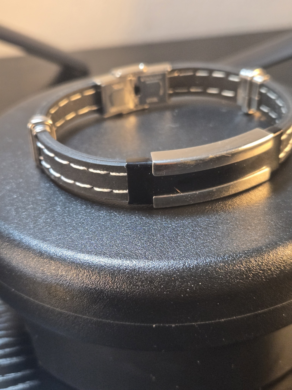 Men's Black Leather Bracelet with Stainless Steel Plate